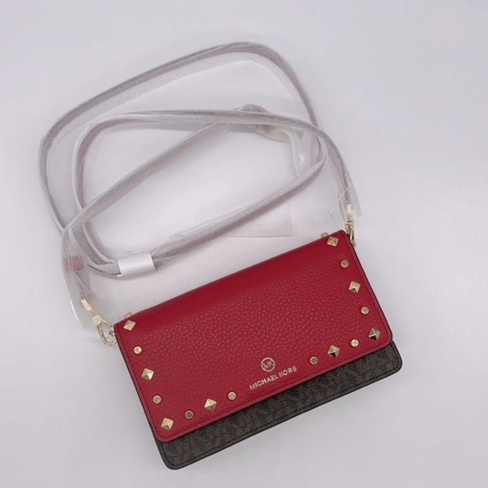 MICHAEL MICHAEL KORS Jet Set Small Studded Faux Leather Logo Phone Crossbody